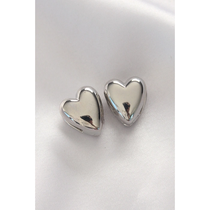 Erb Pirinç Gümüş Renk Minimal Bombeli Kalp Küpe