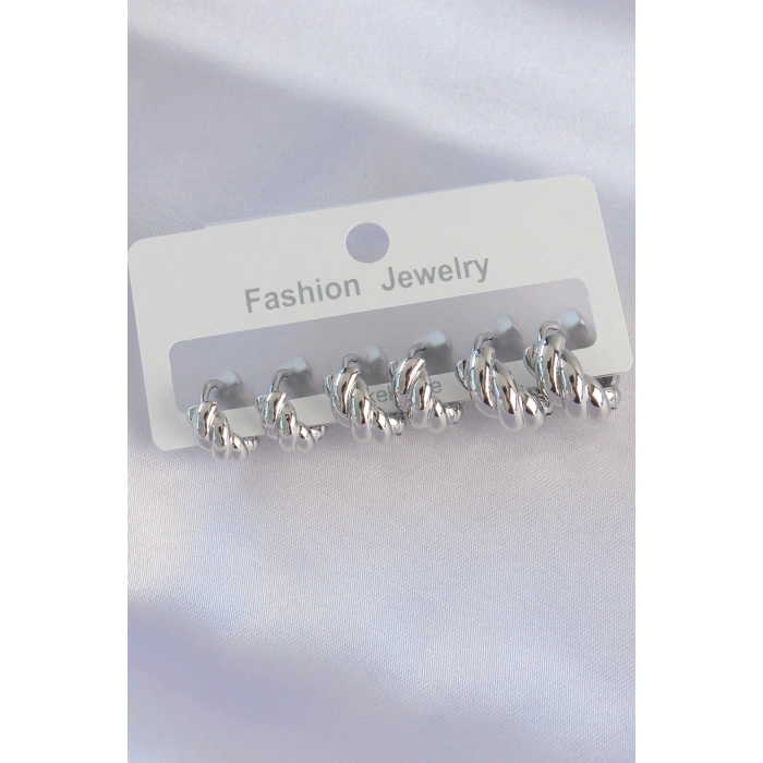 Erb Pirinç Gümüş Renk Minimal Tırtıklı Küpe Seti