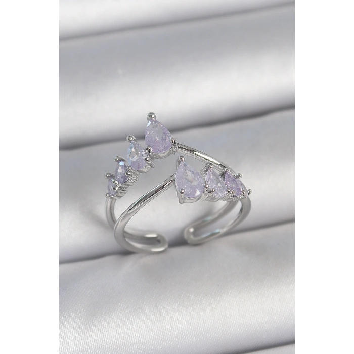 Erb Pirinç Gümüş Renk Mor Damla Zirkon Taşlı Taç Model Kadın Yüzük