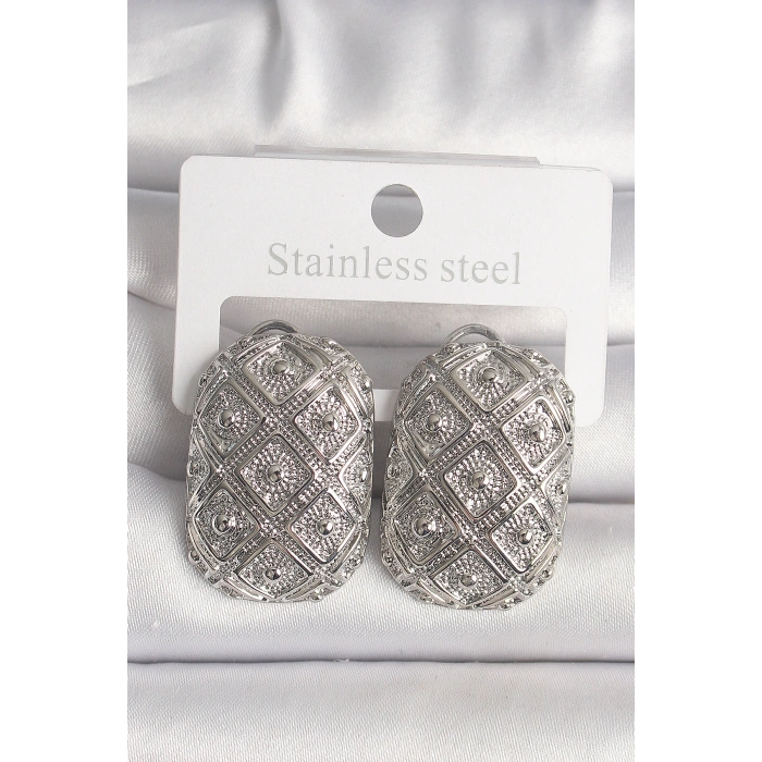 Erb Pirinç Gümüş Renk Motif İşlemeli Kadın Küpe