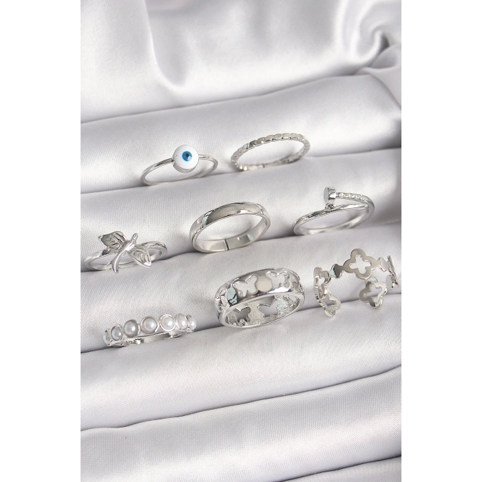 Erb Pirinç Gümüş Renk Nazar Boncuk Detay İncili Kelebek İşlemeli Kadın Yüzük Kombini