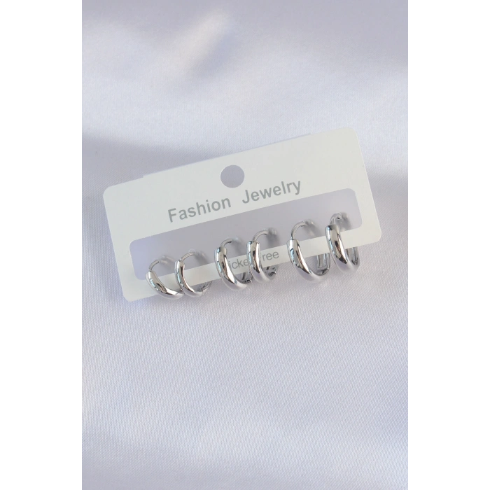 Erb Pirinç Gümüş Renk Oval Bombeli Küpe Seti