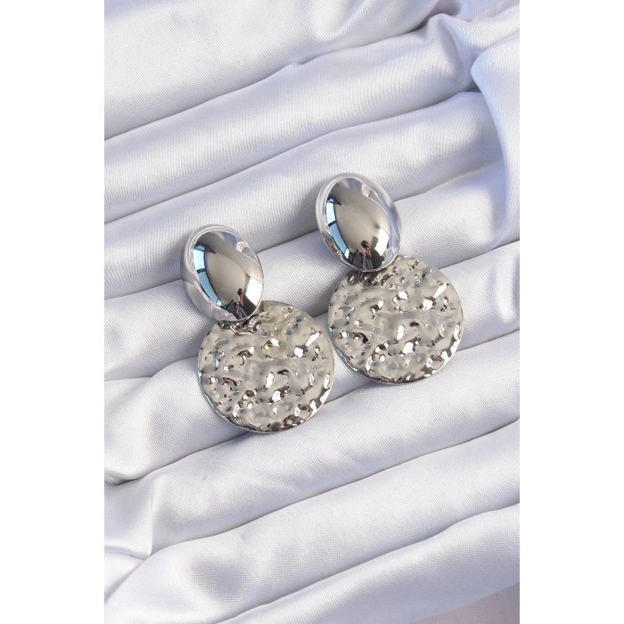 Erb Pirinç Gümüş Renk Oval Ezme Plaka Küpe