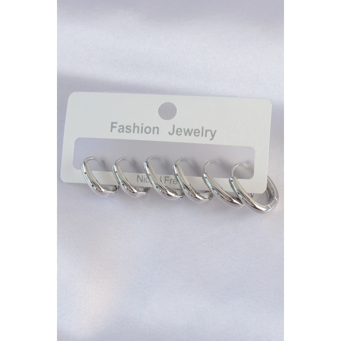 Erb Pirinç Gümüş Renk Oval Küpe Seti