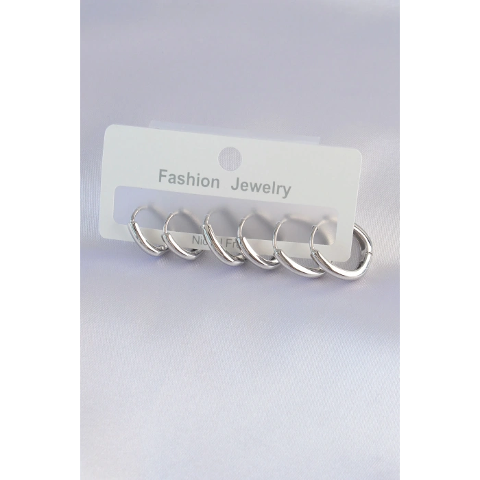 Erb Pirinç Gümüş Renk Oval Küpe Seti