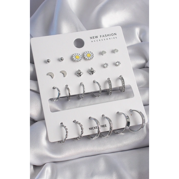 Erb Pirinç Gümüş Renk Papatya Detaylı 12 Çiftli Kadın Küpe Seti