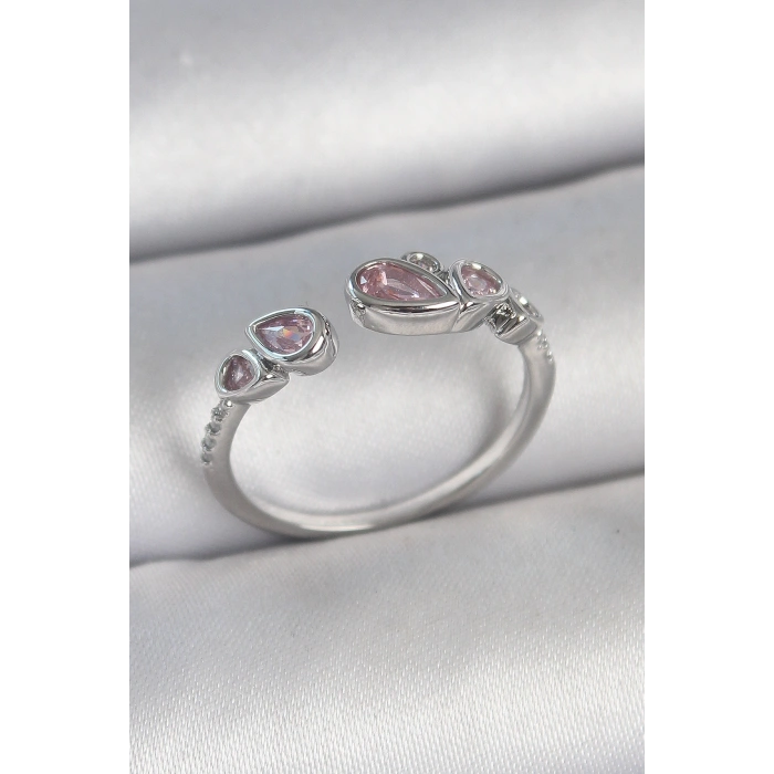 Erb Pirinç Gümüş Renk Pembe Damla Zirkon Taşlı Ayarlanabilir Model Kadın Yüzük