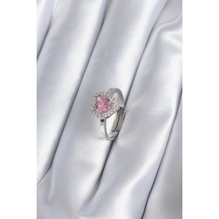 Erb Pirinç Gümüş Renk Pembe Zirkon Taşlı Charm Model Kadın Yüzük