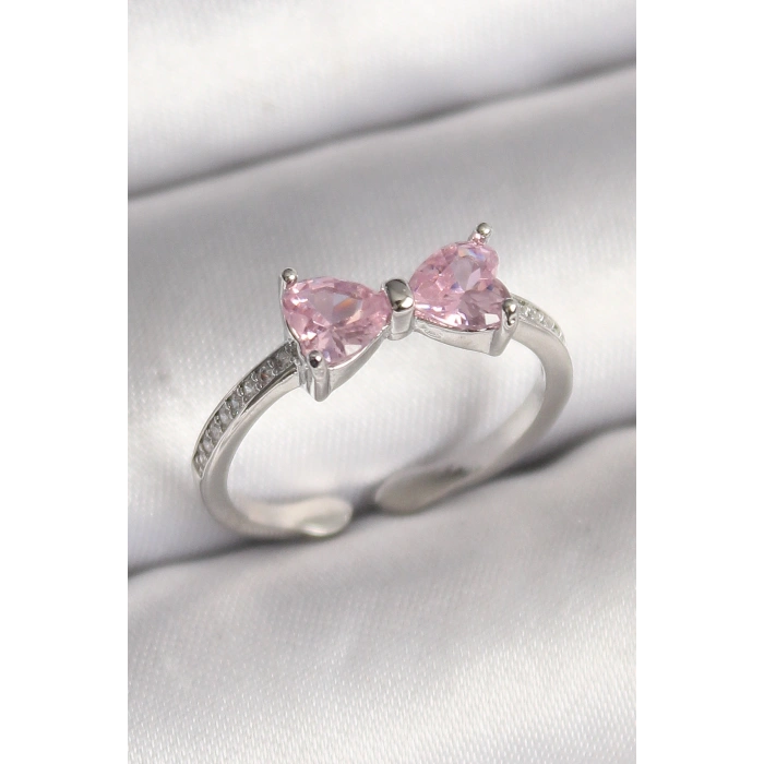 Erb Pirinç Gümüş Renk Pembe Zirkon Taşlı Kalp Fiyonk Model Kadın Yüzük