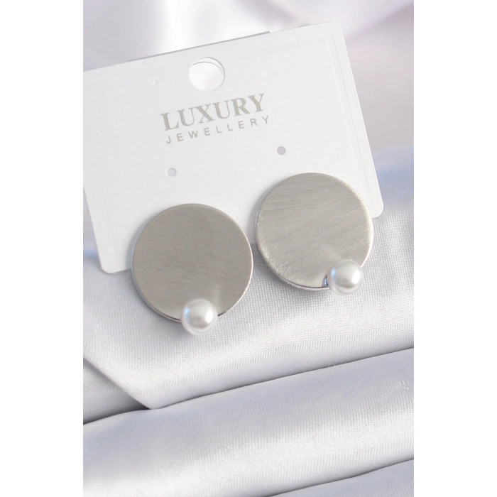 Erb Pirinç Gümüş Renk Plaka Model İnci Detay Kadın Küpe