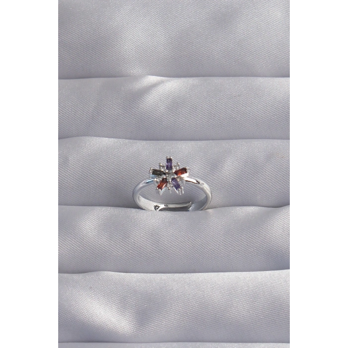 Erb Pirinç Gümüş Renk Renkli Zirkon Taşlı Ayarlamalı Yüzük