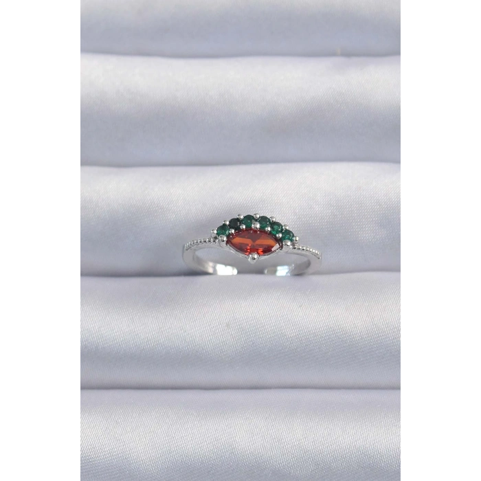 Erb Pirinç Gümüş Renk Renkli Zirkon Taşlı Ayarlanabilir Karpuz Model Yüzük