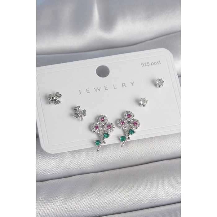 Erb Pirinç Gümüş Renk Renkli Zirkon Taşlı Çiçek Model Yaprak Detay 925 Ayar Gümüş Çivi Kadın Küpe Seti