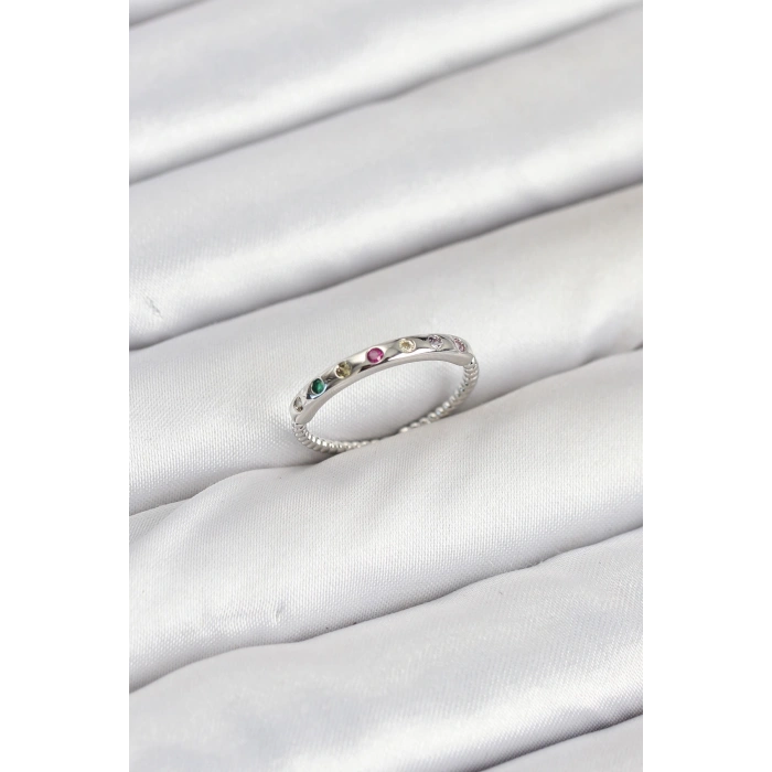 Erb Pirinç Gümüş Renk Renkli Zirkon Taşlı Kadın Yüzük