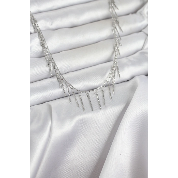 Erb Pirinç Gümüş Renk Saçaklı Model Kadın Kolye