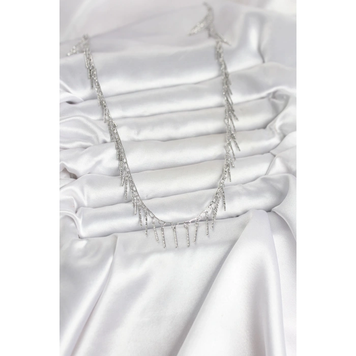 Erb Pirinç Gümüş Renk Saçaklı Model Kadın Kolye