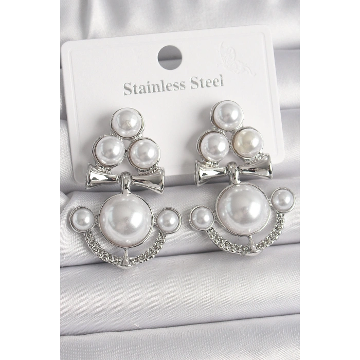 Erb Pirinç Gümüş Renk Sallantı İncili Çapa Model Kadın Küpe