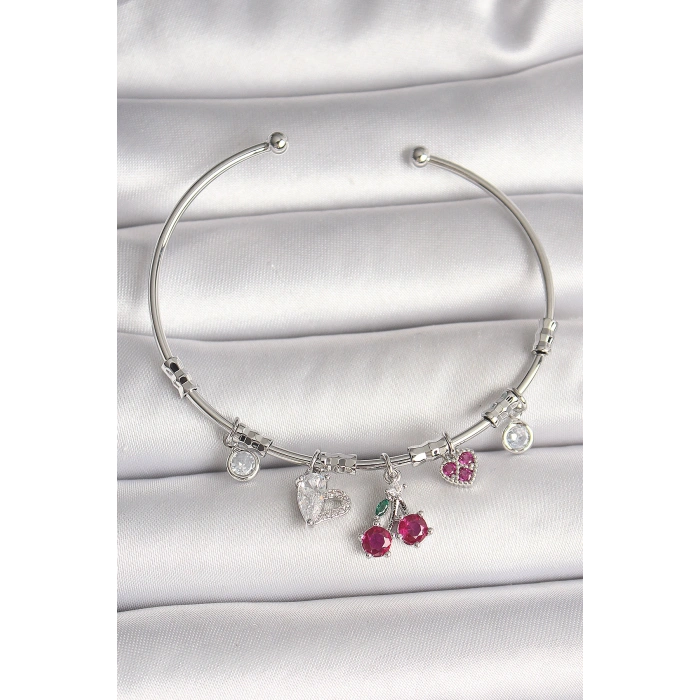 Erb Pirinç Gümüş Renk Sallantı Kiraz Figür Kalp Detay Charm Kadın Bileklik