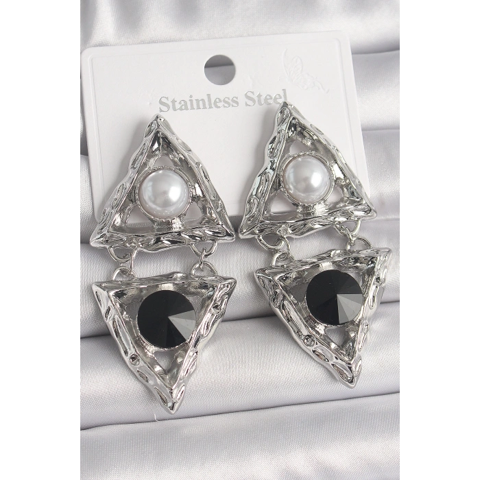 Erb Pirinç Gümüş Renk Sallantı Üçgen Model İnci Detay Kadın Küpe