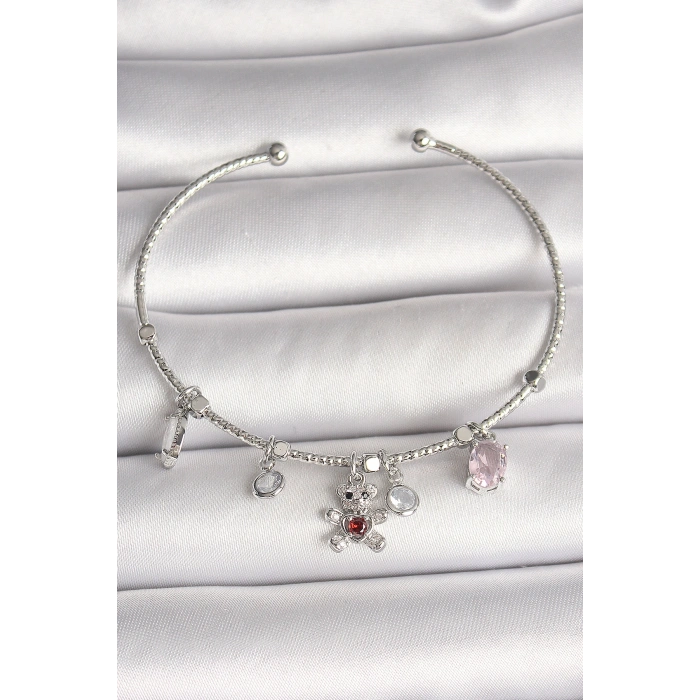 Erb Pirinç Gümüş Renk Sallantı Zirkon Taşlı Ayıcık Figür Kırmızı Taş Detay Charm Kadın Bileklik