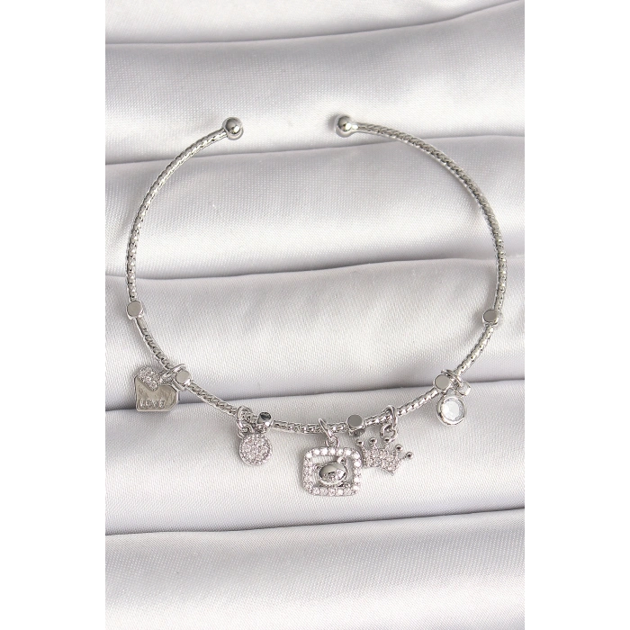 Erb Pirinç Gümüş Renk Sallantı Zirkon Taşlı Ayıcık Figür Taç Detay Charm Kadın Bileklik