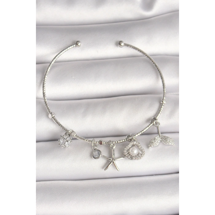 Erb Pirinç Gümüş Renk Sallantı Zirkon Taşlı Deniz Yıldız Figür Balık Kuyruğu Detay Charm Kadın Bileklik