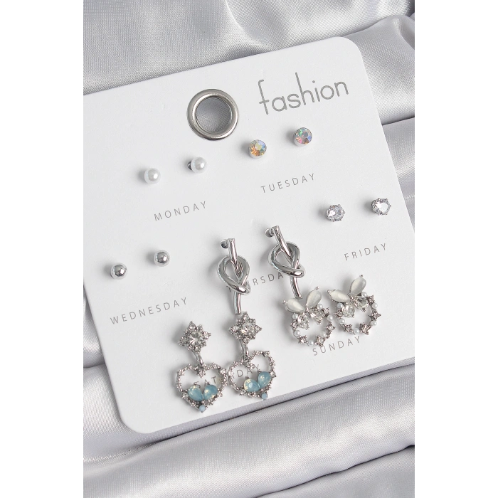 Erb Pirinç Gümüş Renk Sallantı Zirkon Taşlı Kalp Model Düğüm Detay 7 Çift Kadın Küpe Seti