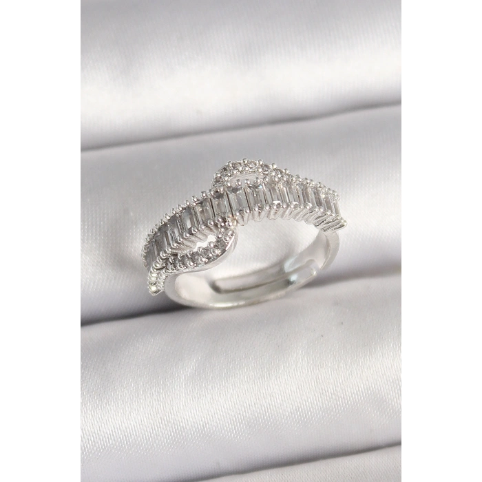 Erb Pirinç Gümüş Renk Su Yolu Zirkon Taşlı Ayarlanabilir Model Kadın Yüzük