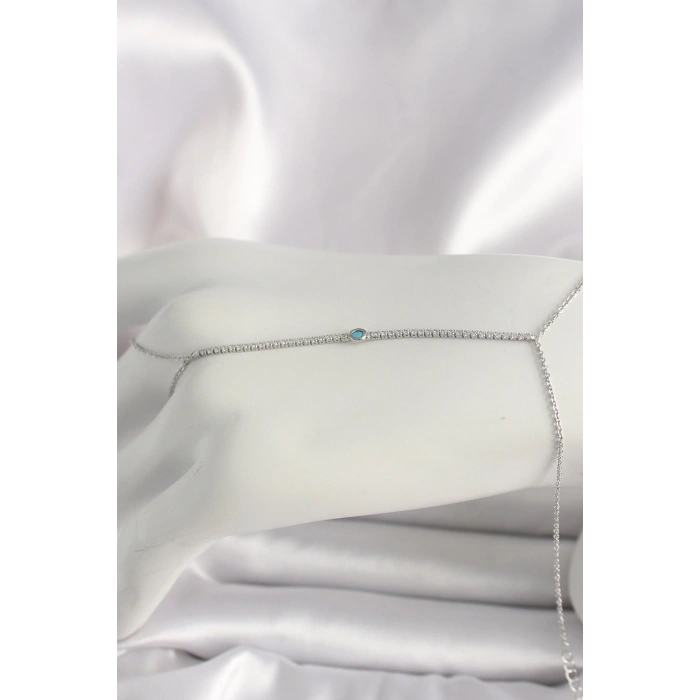 Erb Pirinç Gümüş Renk Su Yolu Zirkon Taşlı Mavi Taş Detaylı Kadın Şahmeran