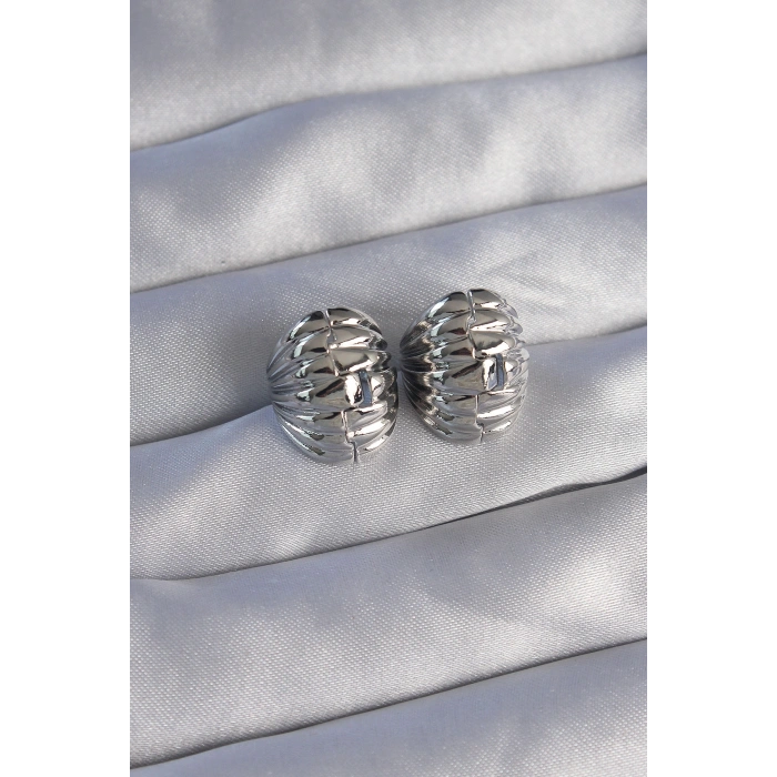 Erb Pirinç Gümüş Renk Tırtıklı Minimal Bombeli Tasarım Küpe