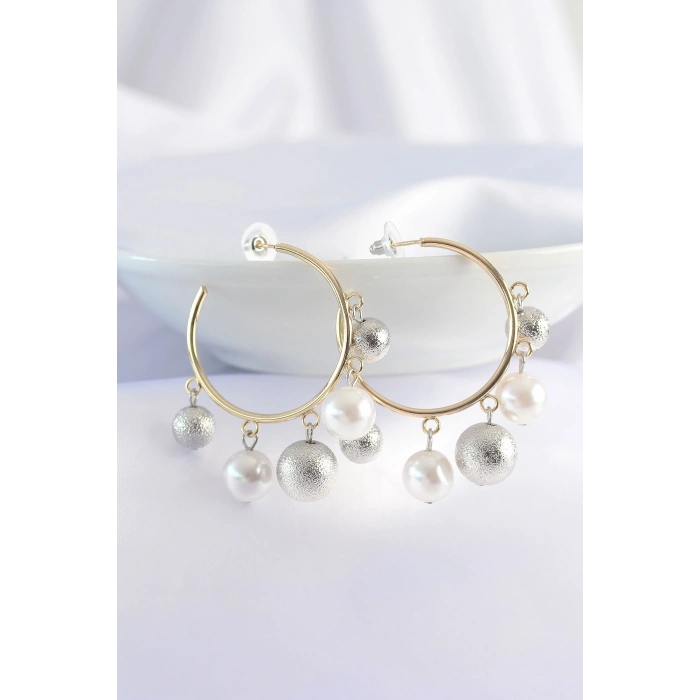 Erb Pirinç Gümüş Renk Topçuk Model Gold Renk Halka Küpe