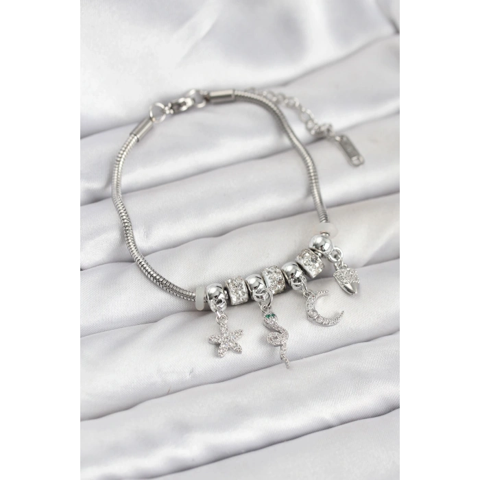 Erb Pirinç Gümüş Renk Yılan Charmlı Kadın Bileklik