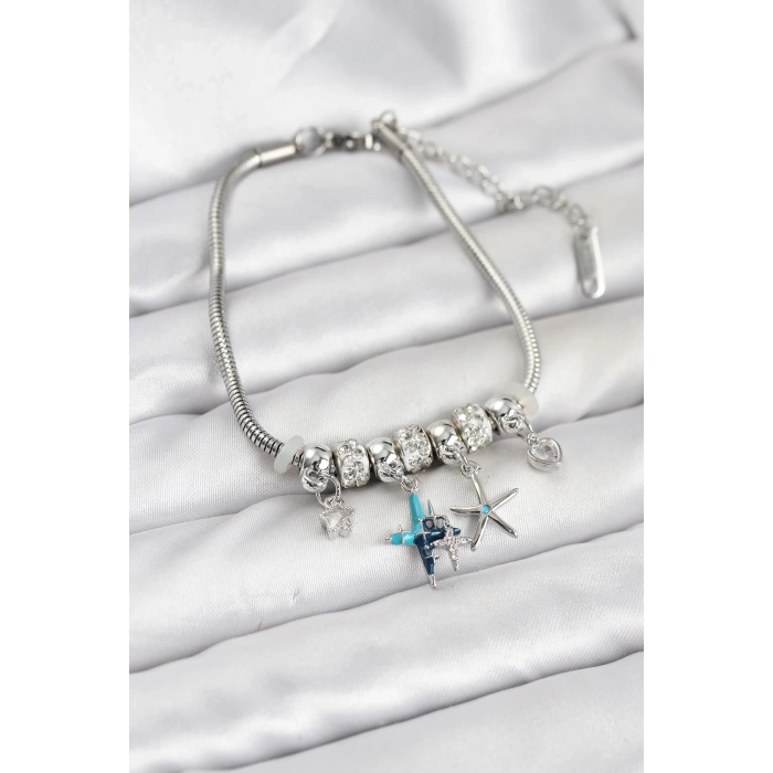 Erb Pirinç Gümüş Renk Yıldız Model Charmlı Kadın Bileklik