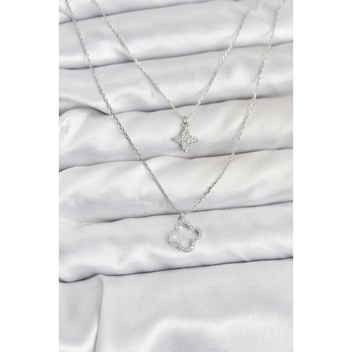 Erb Pirinç Gümüş Renk Yonca Model 2'li Kadın Kolye