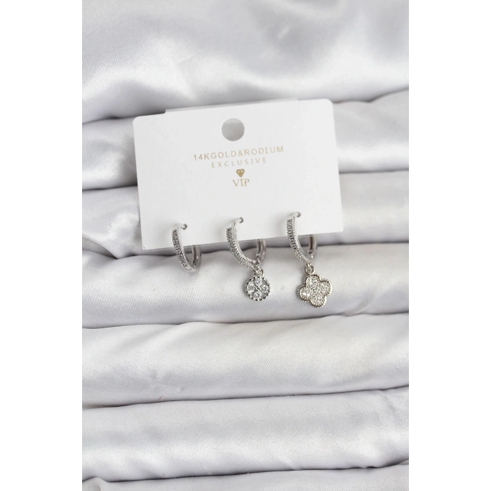 Erb Pirinç Gümüş Renk Yonca Model 3'lü Kadın Küpe Seti