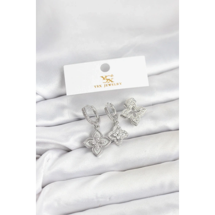 Erb Pirinç Gümüş Renk Yonca Model YSX Trio Küpe Seti