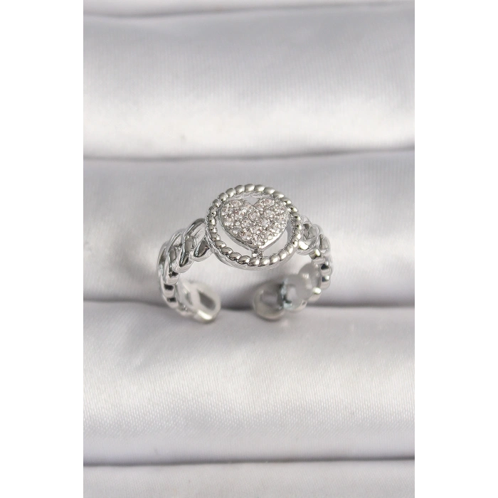 Erb Pirinç Gümüş Renk Zincir Model Zirkon Taşlı Kalp Model Kadın Yüzük