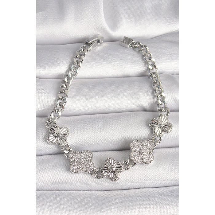 Erb Pirinç Gümüş Renk Zincir Yonca Model Kadın Bileklik