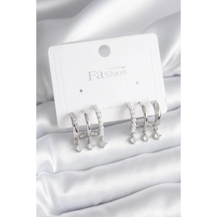 Erb Pirinç Gümüş Renk Zirkon Taş Detay İncili Kadın Küpe