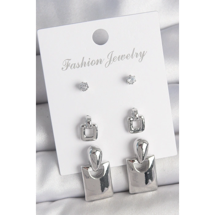 Erb Pirinç Gümüş Renk Zirkon Taş Detay Sallantılı Kare Model 3 Çift Kadın Küpe Seti