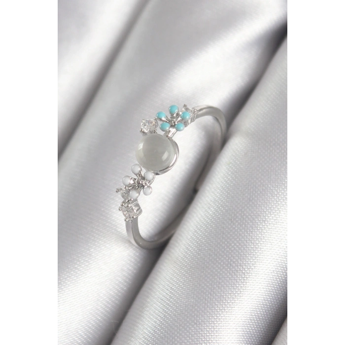 Erb Pirinç Gümüş Renk Zirkon Taş Detaylı Beyaz Sedefli Çiçek Model Kadın Yüzük