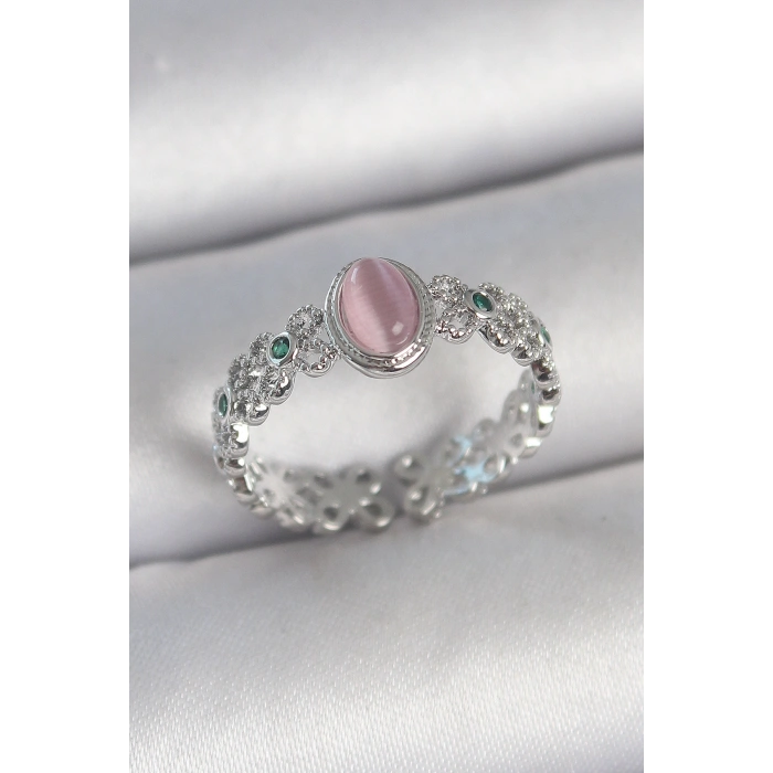 Erb Pirinç Gümüş Renk Zirkon Taş Detaylı Pembe Mineli Damla Model Ayarlanabilir Kadın Yüzük