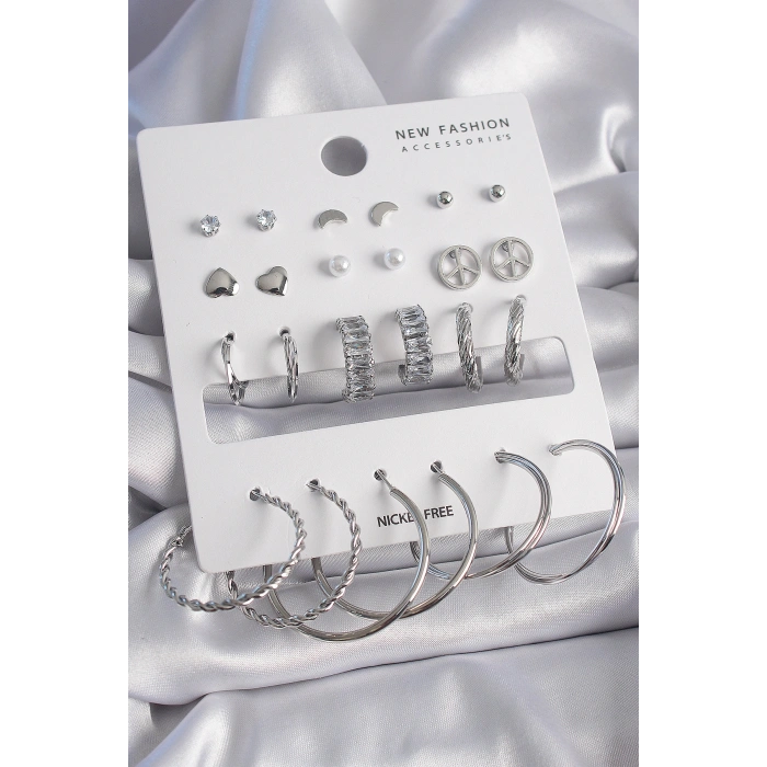 Erb Pirinç Gümüş Renk Zirkon Taşlı 12 Çift Kadın Küpe Seti