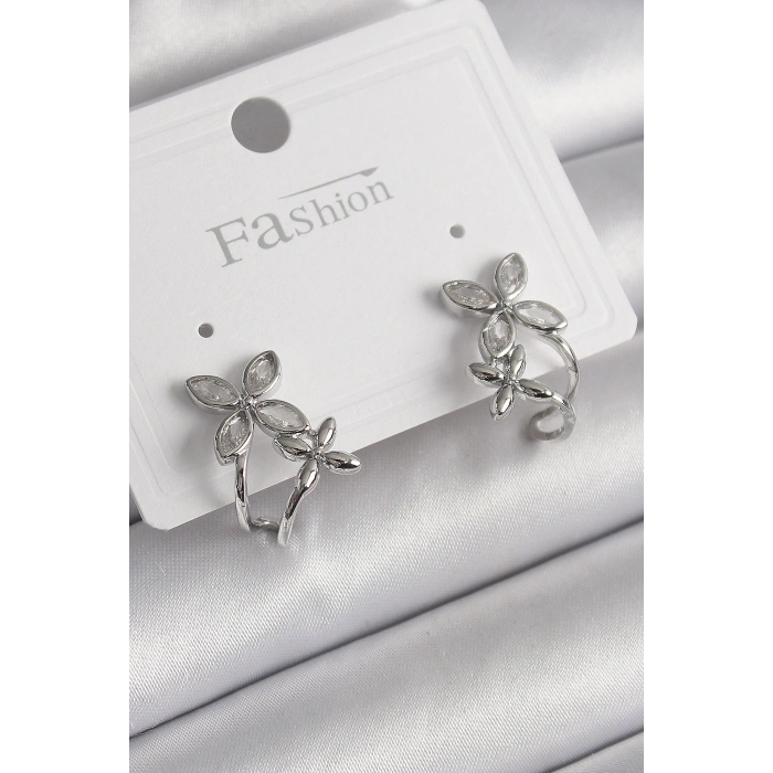 Erb Pirinç Gümüş Renk Zirkon Taşlı 2'Li Çiçek Model Kadın Küpe