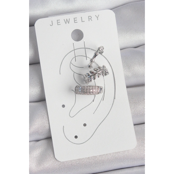 Erb Pirinç Gümüş Renk Zirkon Taşlı 3'Lü Model Yaprak Figür Kadın Kıkırdak Küpe