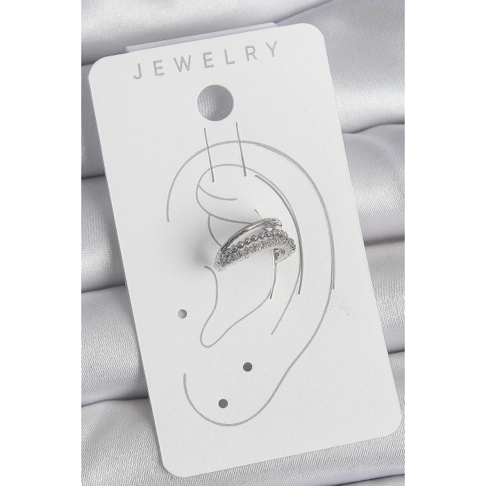 Erb Pirinç Gümüş Renk Zirkon Taşlı 3'Lü Sıralı Kadın Kıkırdak Küpe