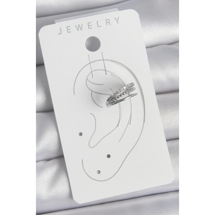 Erb Pirinç Gümüş Renk Zirkon Taşlı 3'Lü Sıralı Model Kadın Kıkırdak Küpe