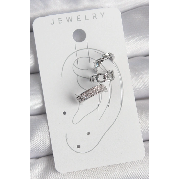 Erb Pirinç Gümüş Renk Zirkon Taşlı 3'Lü Zincir Sarmal Model Kadın Kıkırdak Küpe