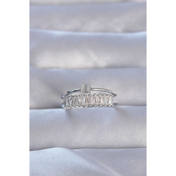 Erb Pirinç Gümüş Renk Zirkon Taşlı Baget Su Yolu Model Ayarlanabilir Yüzük