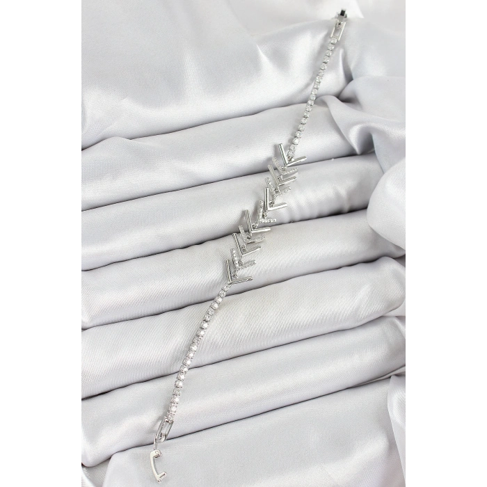 Erb Pirinç Gümüş Renk Zirkon Taşlı Balık Sırtı Kadın Bileklik